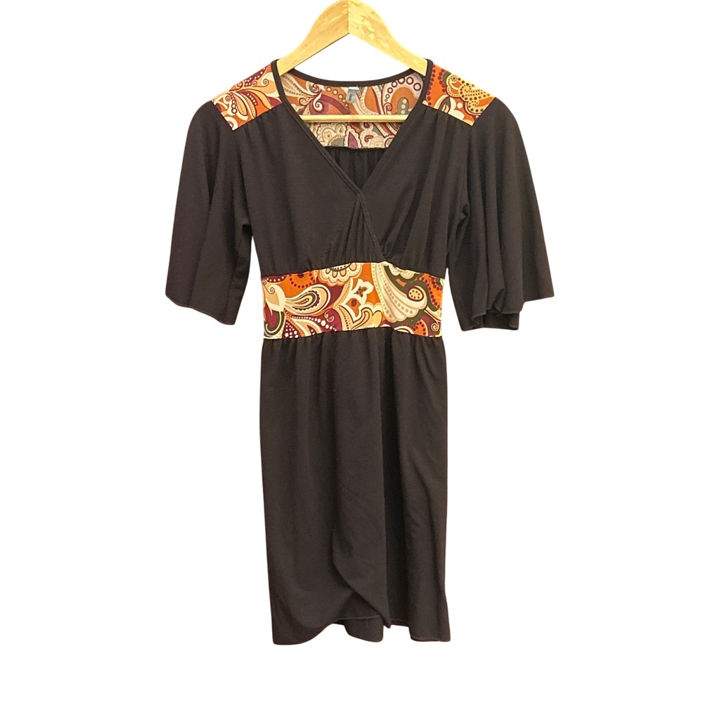 Ranxtees Boho Dress Black Paisley Print V Neck Flutter Sleeve Retro Indie Style